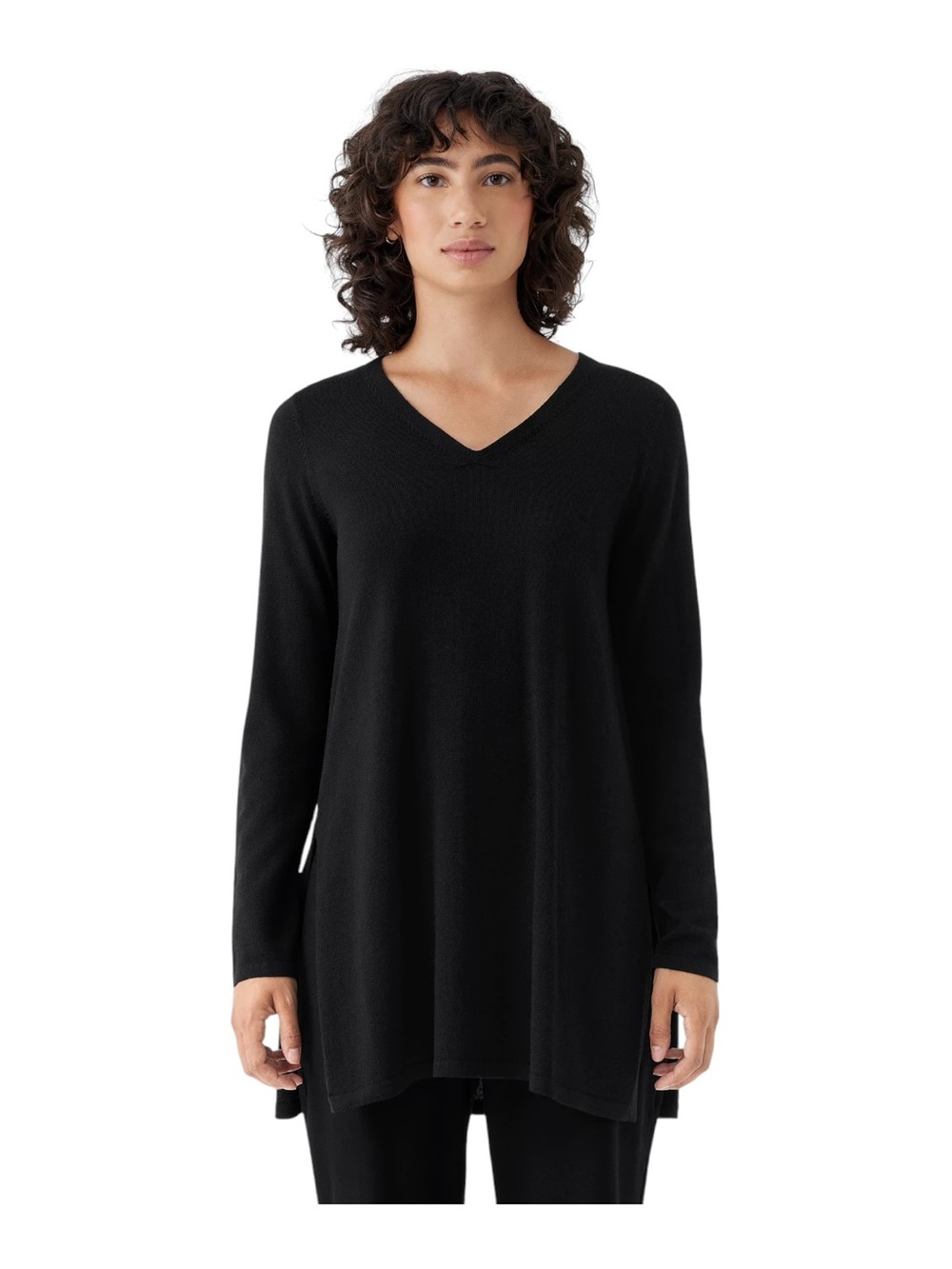 Eileen Fisher Regenerative Wool Black V-Neck Longline Tunic Sweater